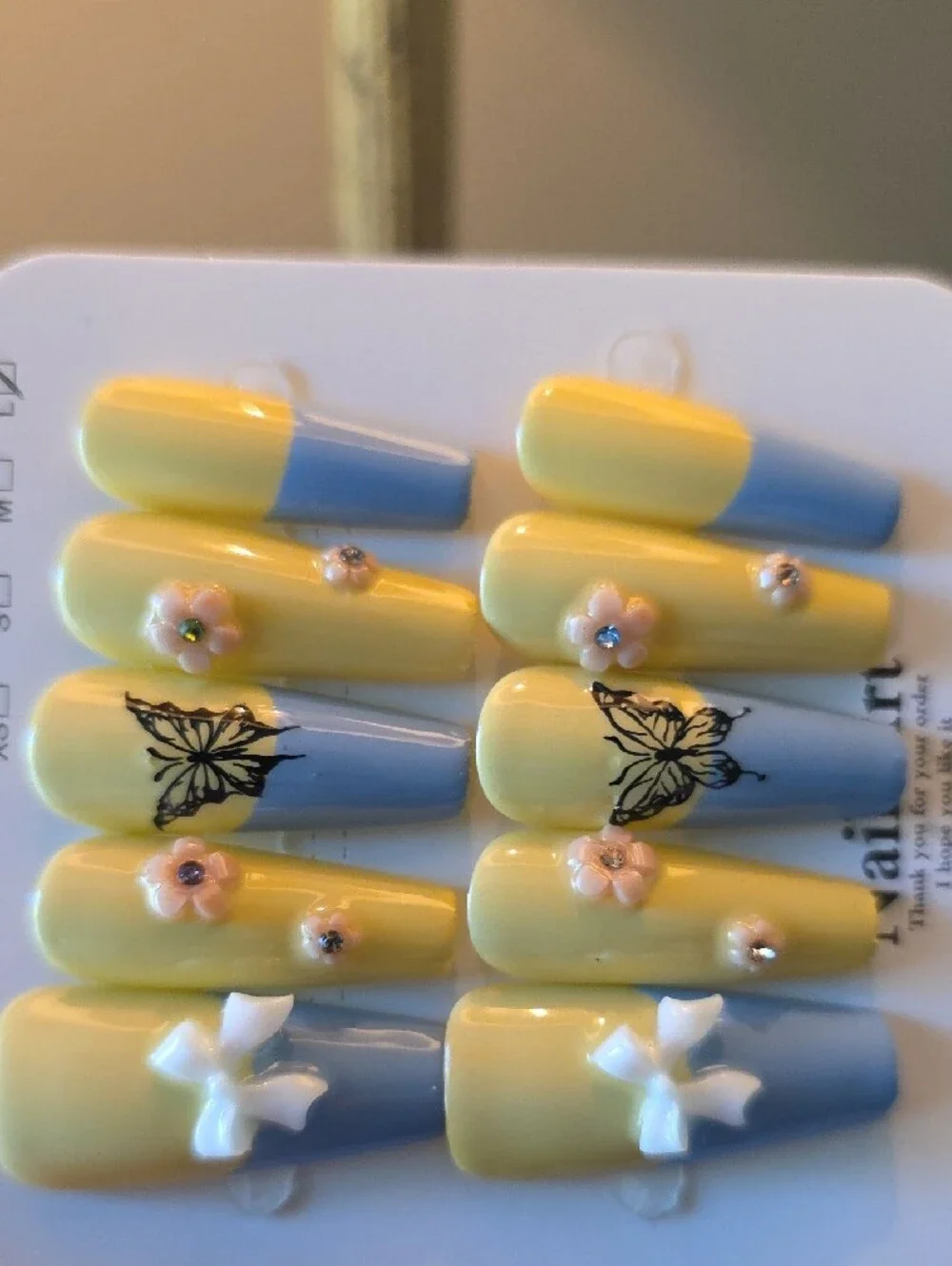 Yellow & Blue Nail Art Set with Butterfly and Flower Accents Size Large